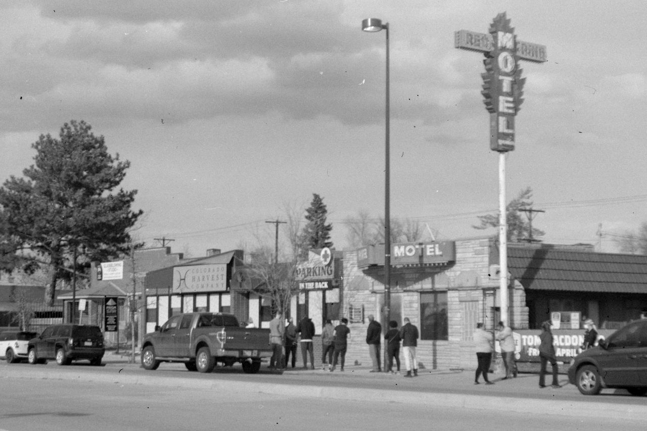 Cannabis Dispensary Line, South Broadway. Photographed with Gauthier folding camera.